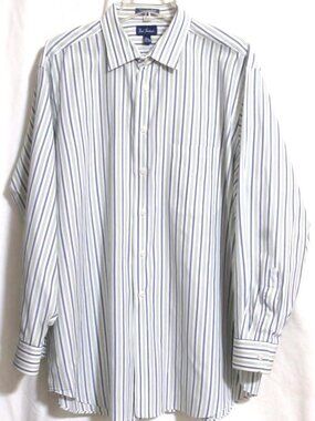 NEW Men's PAUL FREDRICK Blue & Green Striped Cotton Dress Shirt 17 1/2-35 XL